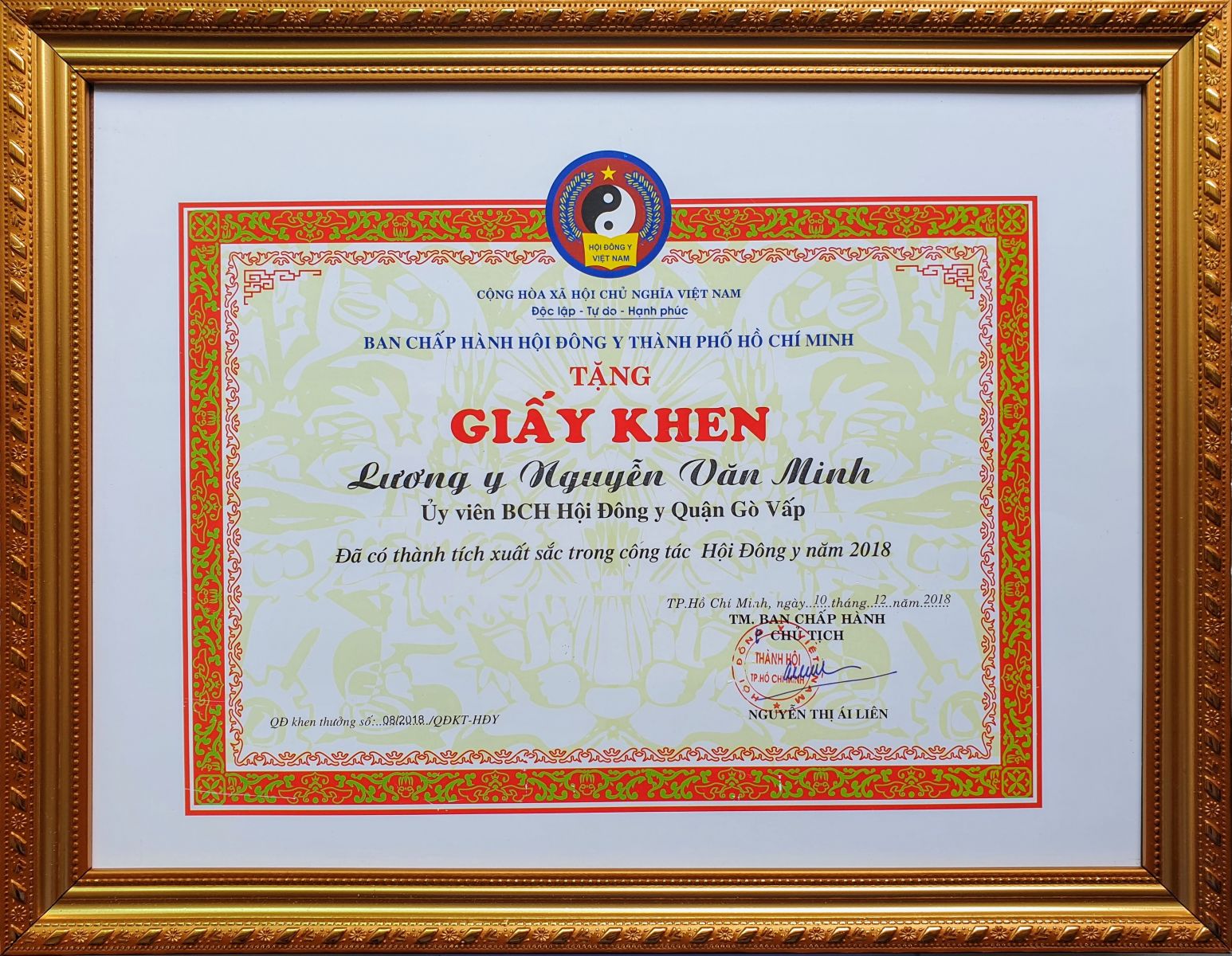 Hội Đông Y TP. HCM khen tặng lương y Nguyễn Văn Minh